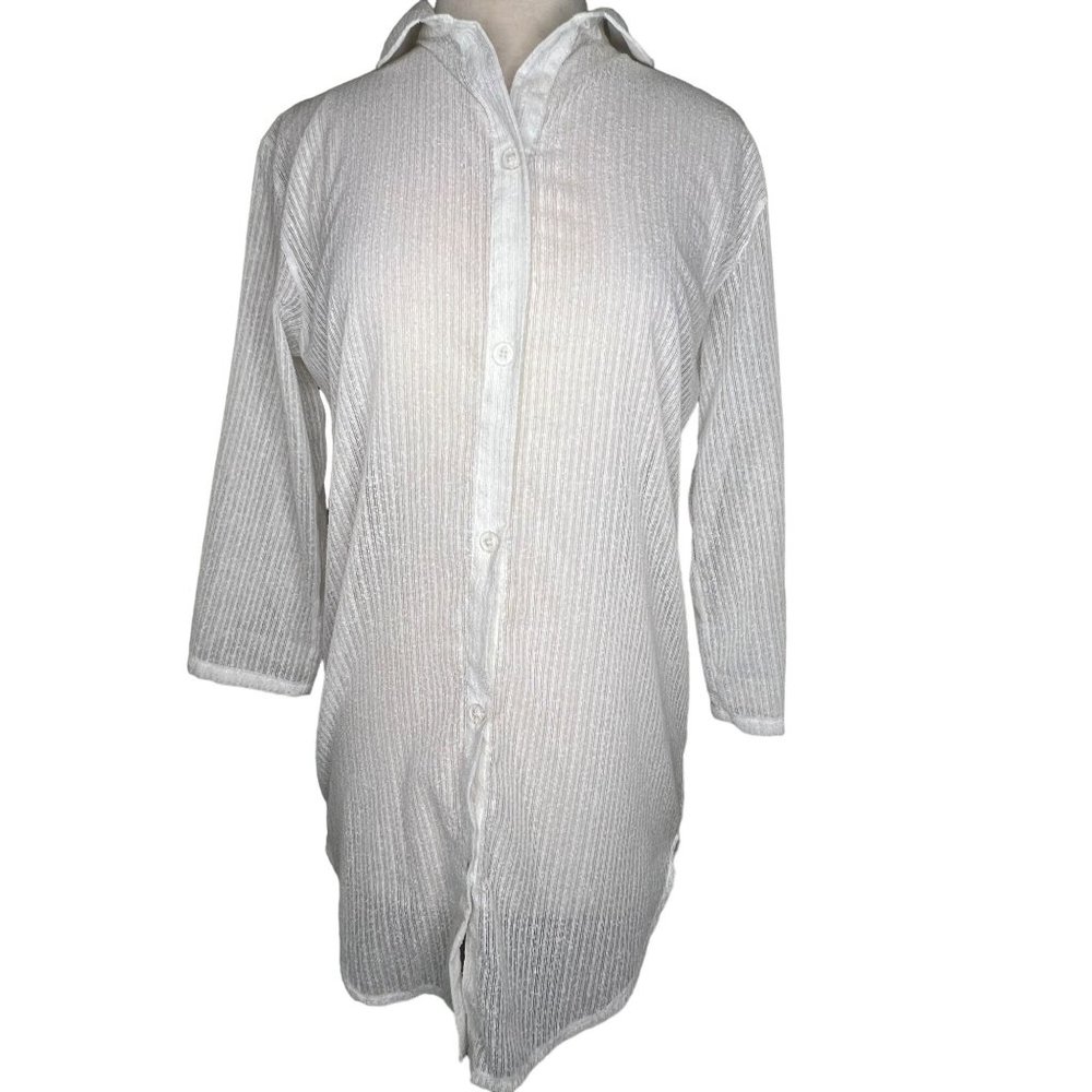 Solar valve women’s beach cover up XS White collar3/4 sleeve button front USA
